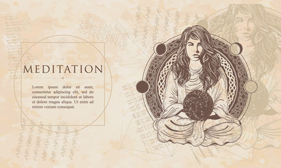 Meditation. Magic woman. Girl in lotus pose. Symbol philosophy, astrology, yoga. Renaissance background. Medieval manuscript, engraving art