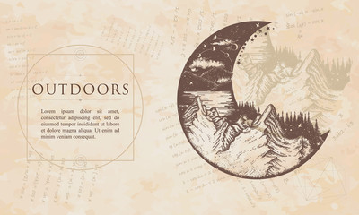 Outdoors. Moon and mountains. Infinite space, meditation symbols. Renaissance background. Medieval manuscript, engraving art