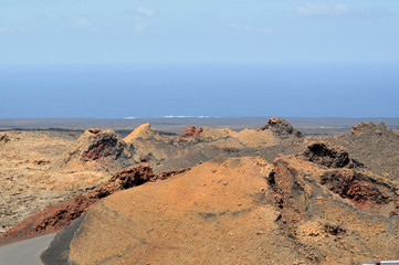 Scenic volcanic landscapes on Timanfaya National Park. Lanzarote. Canary Islands. Spain