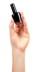 Hand with black nail polish bottle, beauty and care.