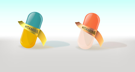 3D pills. Golden textures. Realistic. Vector illustration. Internet banner or poster.