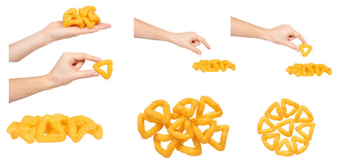 Hand with different fast food snacks, set and collection.