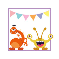 Fototapeta premium square frame with funny monsters and garlands hanging