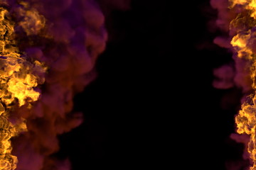 blazing wild fire with heavy smoke frame isolated on black background - fire lines from sides left and right, top and bottom are empty - fire 3D illustration