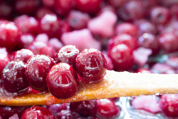  Close up of simmering homemade cherry jam. Cherry and sugar crystal.Cooking Homemade Cherry Jam. Close-up.
