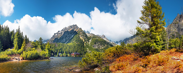 Poprad lake( Popradske pleso) famous and very popular destination in High Tatras national park, Slovakia - obrazy, fototapety, plakaty