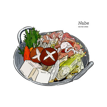 Nabe, Japanese hot pot. hand draw sketch vector.