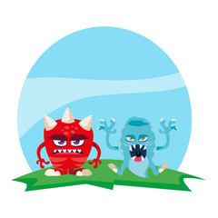 funny monsters couple in the field characters colorful