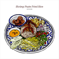 thai fried rice with shrimp paste, khao kluk kapi. Hand draw sketch vector. - obrazy, fototapety, plakaty