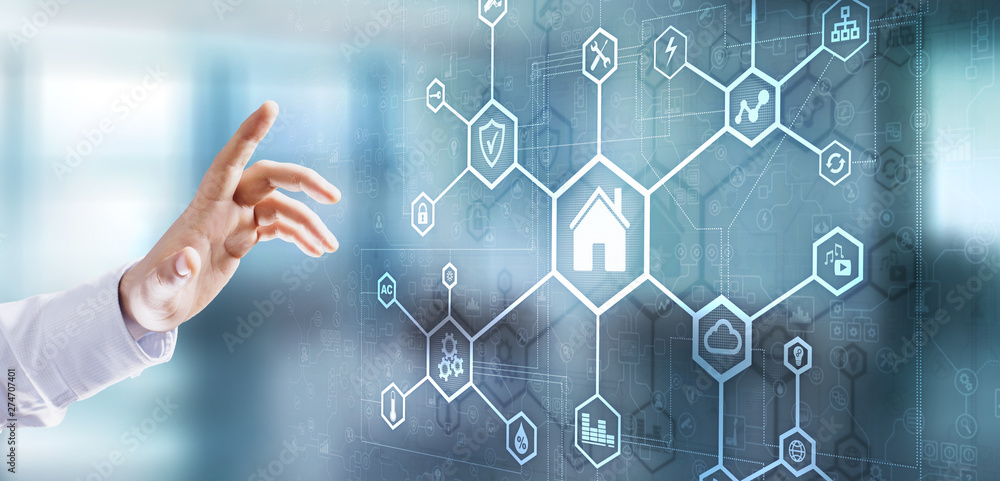 Poster smart home automation interface application control panel. internet and technology concept. business