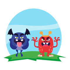 funny monsters couple in the field characters colorful