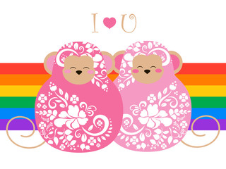 Two lesbian matrioshka monkey with floral pattern on lgbt flag background a symbol of same-sex marriage and love