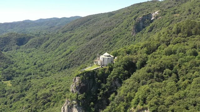 Madonna del Sasso Sanctuary aerial view shot over Orta's lake
