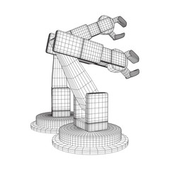 Obraz premium Robotic arm manufacture technology industry assembly mechanic hand wireframe low poly mesh vector illustration