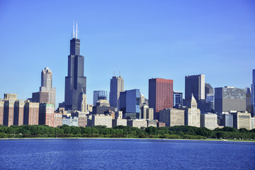 City Skyline with high rise buildings and skyscrapers in Chicago Illinois, USA