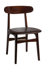 Dark brown wooden chair with faux leather upholstery. Isolated on white background.