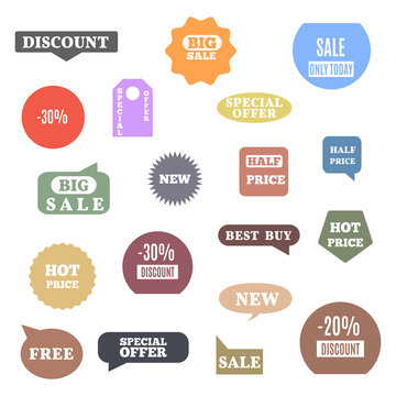 Set of colored label of discount and sale, vector illustration.