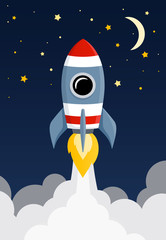 Rocket launch, ship flying from clouds. Vector.