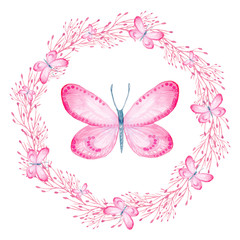 Obraz na płótnie Canvas Cartoon watercolor illustration. Template for postcard, poster, invitation. Cute hand-drawn pink butterfly in a wreath isolated on a white background.