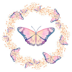 Obraz na płótnie Canvas Cartoon watercolor illustration. Template for postcard, poster, invitation. Cute hand-drawn yellow pink butterfly in a wreath isolated on a white background.