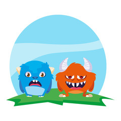funny monsters couple in the field characters colorful