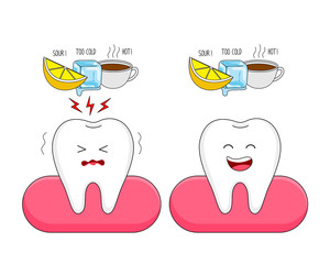 Cute cartoon sensitive tooth and healthy tooth character. Ice, Sour lemon and hot drinks. Dental care concept.  Illustration on white background.