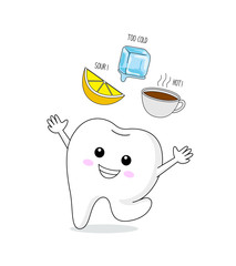 Healthy tooth to cold, sour and hot. Cute cartoon tooth character. Dental care concept, info-graphic of lemon, ice and hot drink.  Illustration isolated on white background.