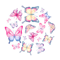 Fototapeta na wymiar Cartoon watercolor illustration. Template for postcard, poster, invitation. Cute hand-drawn purple, blue, pink butterflies in a circle isolated on a white background.