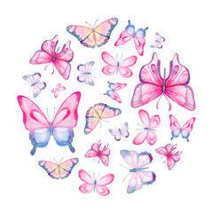 Cartoon watercolor illustration. Template for postcard, poster, invitation. Cute hand-drawn purple, blue, pink butterflies in a circle isolated on a white background.