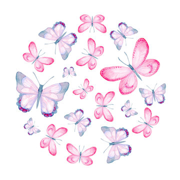 Cartoon watercolor illustration. Template for postcard, poster, invitation. Cute hand-drawn purple, pink butterflies in a circle isolated on a white background.