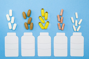 Supplements   in a bottle on blue background , healthy product   concept close up,  flat lay