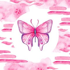 Cartoon watercolor illustration. Template for postcard, poster, invitation. Cute hand-drawn pink butterfly isolated on white background.