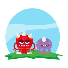 funny monsters couple in the field characters colorful