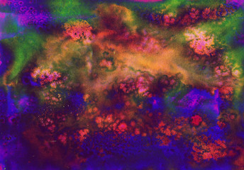 Fototapeta na wymiar Purple, blue, green, orange and yellow watercolor splash background. Paint stains with spots, blots, grains, splashes. Colorful wallpaper.