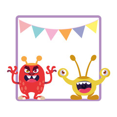 square frame with funny monsters and garlands hanging
