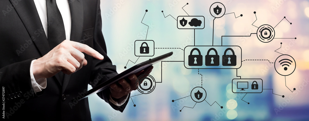 Poster cyber security theme with businessman using his tablet computer