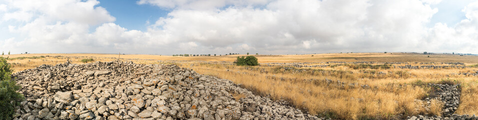 Panoramic  view of the remnants of the megalithic complex of the early Bronze Age  - Wheels of Spirits - Rujum Al-Hiri - Gilgal Rephaeem - on the Golan Heights in Israel