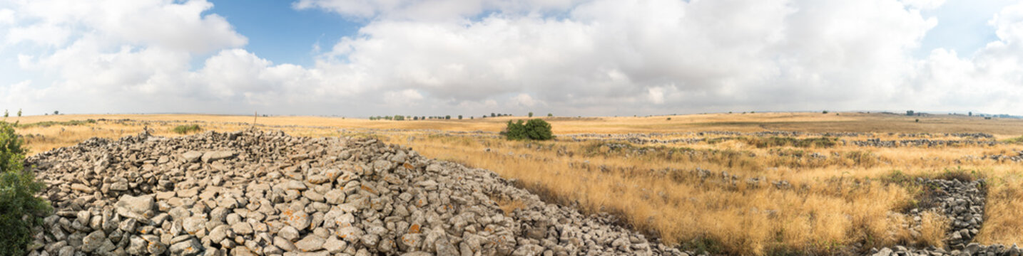 Panoramic  view of the remnants of the megalithic complex of the early Bronze Age&nbsp; - Wheels of Spirits - Rujum Al-Hiri - Gilgal Rephaeem - on the Golan Heights in Israel