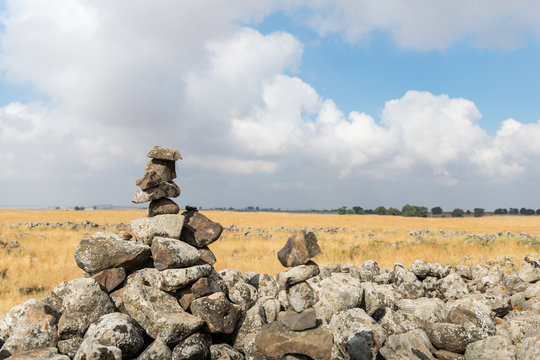 The remnants  of the megalithic complex of the early Bronze Age&nbsp; - Wheels of Spirits - Rujum Al-Hiri - Gilgal Rephaeem - on the Golan Heights in Israel