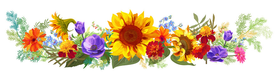 Fototapeta na wymiar Horizontal autumn’s border: sunflowers, marigold (tagetes), anemones, forget-me-nots, gerbera daisy flowers, twigs on white background. Illustration in watercolor style, panoramic view, vector