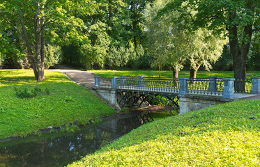 Fototapeta na wymiar Overgrown river and bridge in a city park with shady alleys and walking paths in Tsarskoe Selo. Beautiful summer landscape with green lawns by the river. Natural background. Pushkin, St. Petersburg