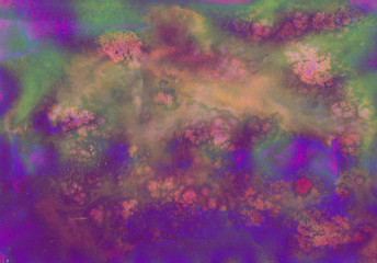 Purple and green watercolor splash background. Paint stains with spots, blots, grains, splashes. Colorful wallpaper.