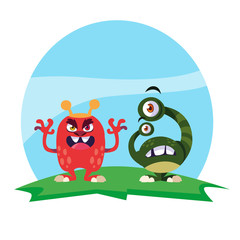 funny monsters couple in the field characters colorful
