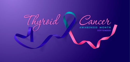 Thyroid Cancer Awareness Calligraphy Poster Design. Realistic Teal and Pink and Blue Ribbon. September is Cancer Awareness Month. Vector