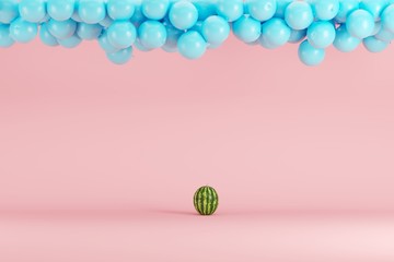 Watermelon drop on floor in pink room background blue with floating blue watermelon. minimal fruit idea concept. 3D Render.