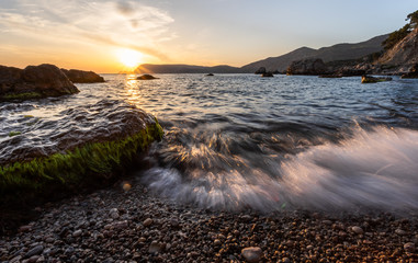 View of a tropical lagoon at dusk. Long exposure shot.