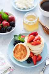 Cottage Cheese Pancakes, Curd Fritters, Syrniki With Honey And Berries