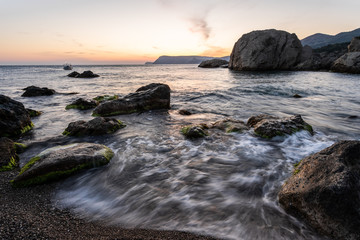 View of a tropical lagoon at dusk. Long exposure shot.