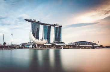 SINGAPORE, SINGAPORE - MARCH 2019: Skyline of Singapore Marina Bay at night with Marina Bay sands,...
