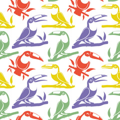 Seamless pattern with birds toucans on branches on white background.